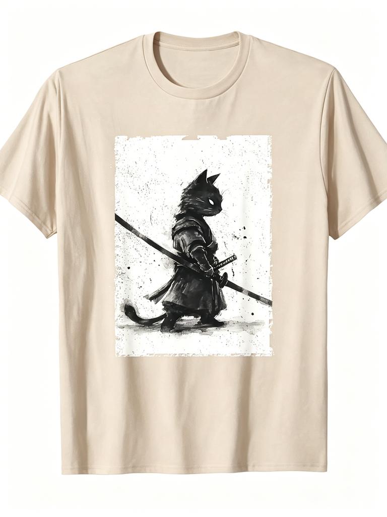 Interesting Unisexs Retro UkiyoE Style Samurai Cat Theme Cotton TShirt Japanese Cat Samurai Art Print ShortSleeved Shirt