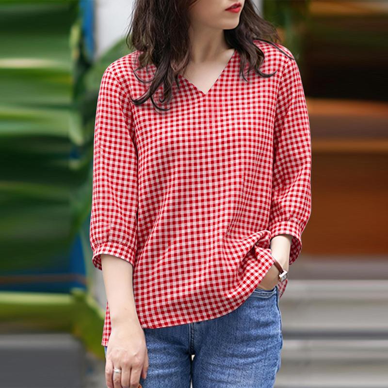 ZANZEA Women Grid Print Casual V-Neck 3/4 Sleeve Blouse