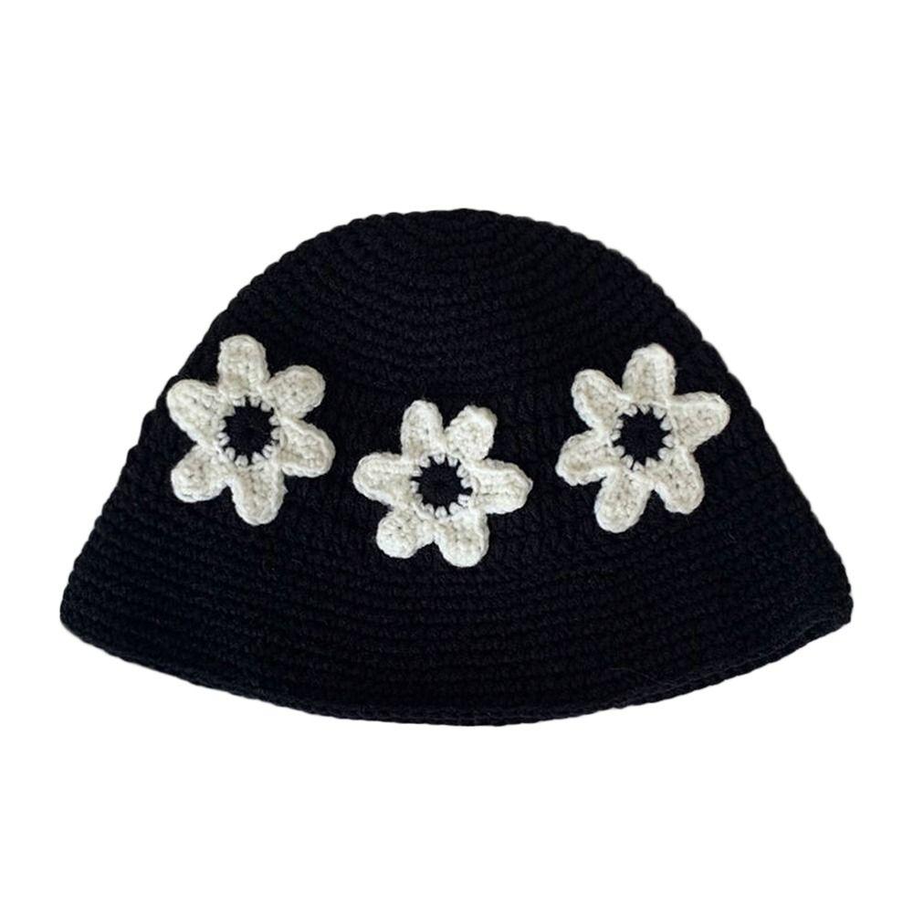 Knitted Bucket Hat Flower Panama Hat Portable Fisherman Cap  for Women