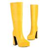 Yellow Faux Crocodile Leather Knee High Platform Boots Women Thick Heels Winter Dress Party Pointed Toe Plush Slip-on Long Boots