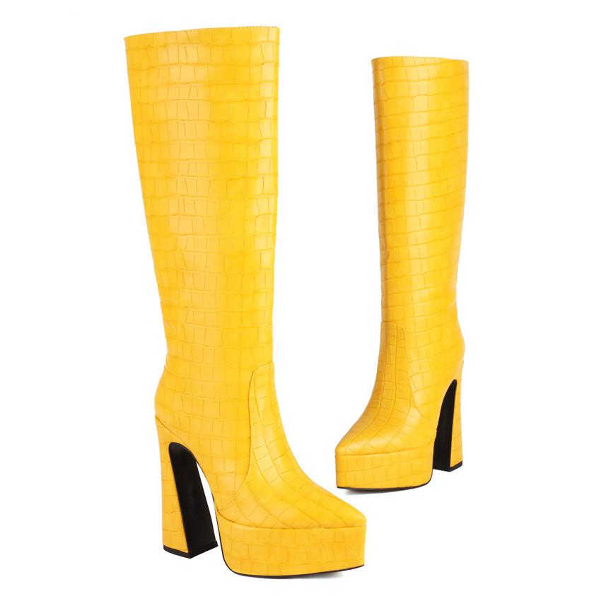 Yellow Faux Crocodile Leather Knee High Platform Boots Women Thick Heels Winter Dress Party Pointed Toe Plush Slip-on Long Boots