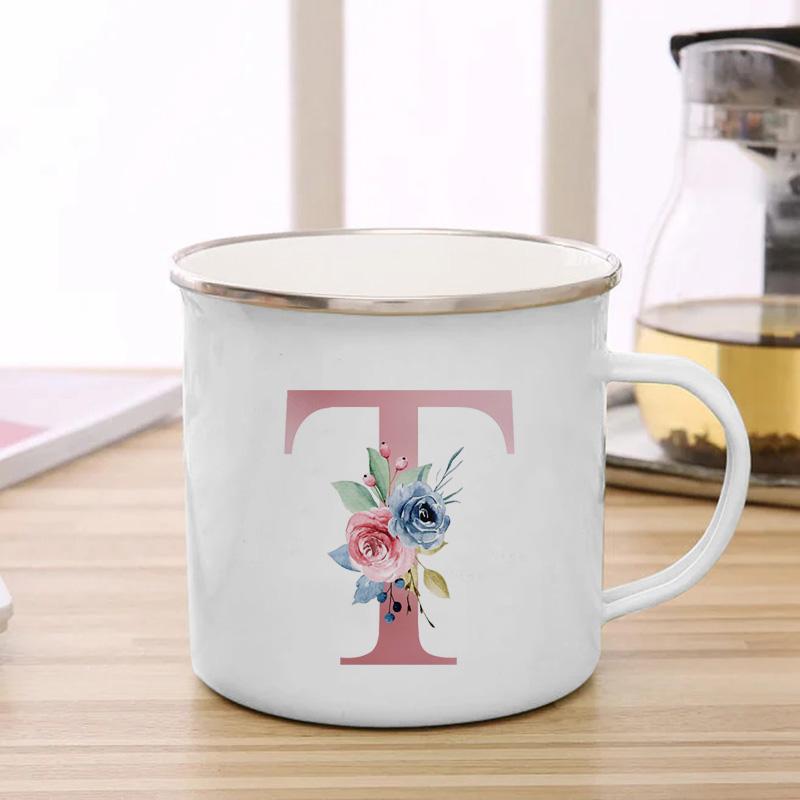 26 Initialen Rosa Buchstaben Blumen Druck Emaille Tasse Kaffeetassen Tassen für Kaffee und Tee Ungewöhnliche Teetasse Personalisierte Geschenk Tassen Cupshe