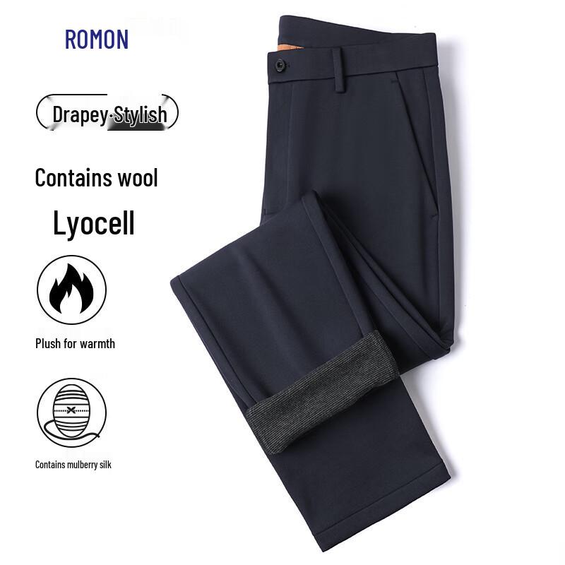 ROMON Men's Wool Blend Fleece Lined Straight-Leg Business Casual Trousers