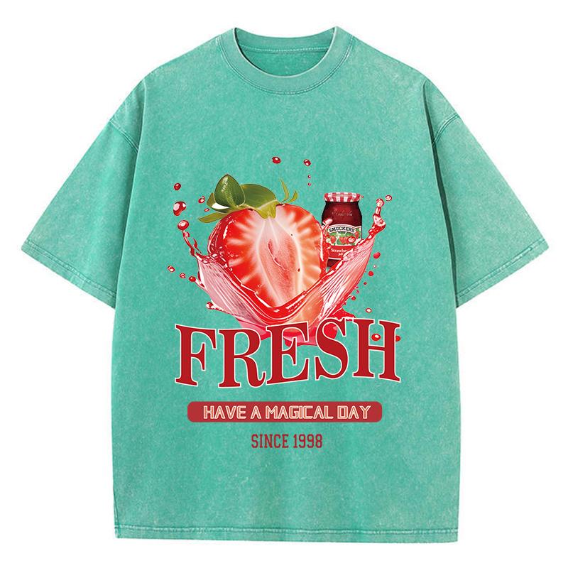 Cotton Womens Acid Wash T-Shirts Fresh Strawberriy Printing Tees Oversize Comfortable O-Neck Short Sleeve Casual Clothes