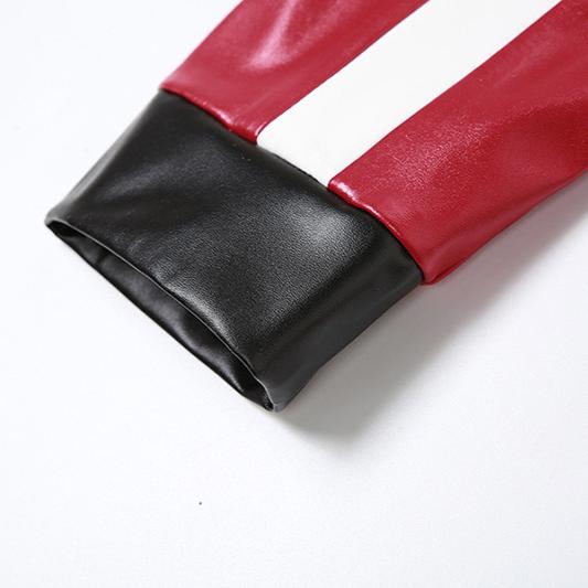 2025 Spring Autumn Fashion Biker Hit Color Jacket Women New Embroidery Splicing Slim Imitation Leather Coat