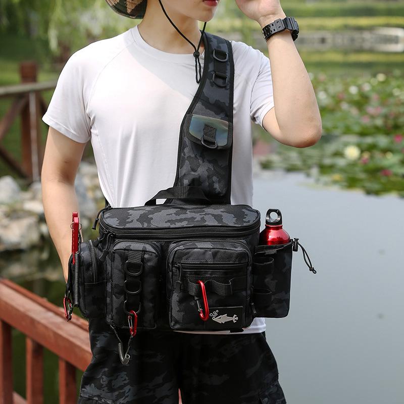 2023 Multifunctional Camouflage Fishing Bag: Single Shoulder, Crossbody, or Waist Carry with Rod Holder