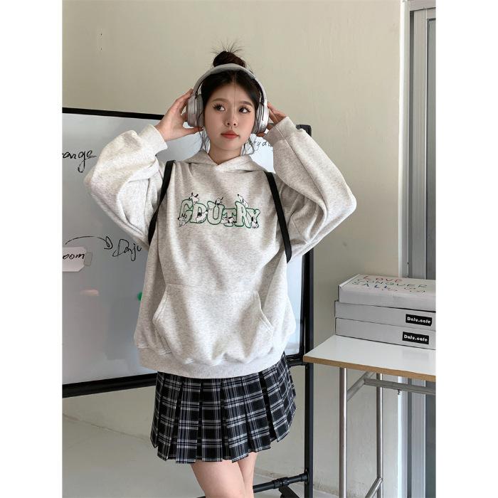 Fleece Thickened American Niche Casual Letter Printed Hooded Sweater Women s ins Lazy Wind Jacket S