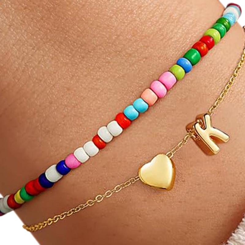 Double Layer Heart Beaded Bracelet Feature Initial Charm Letter Fashion Copper Jewelry Gift For Teen Girls Women