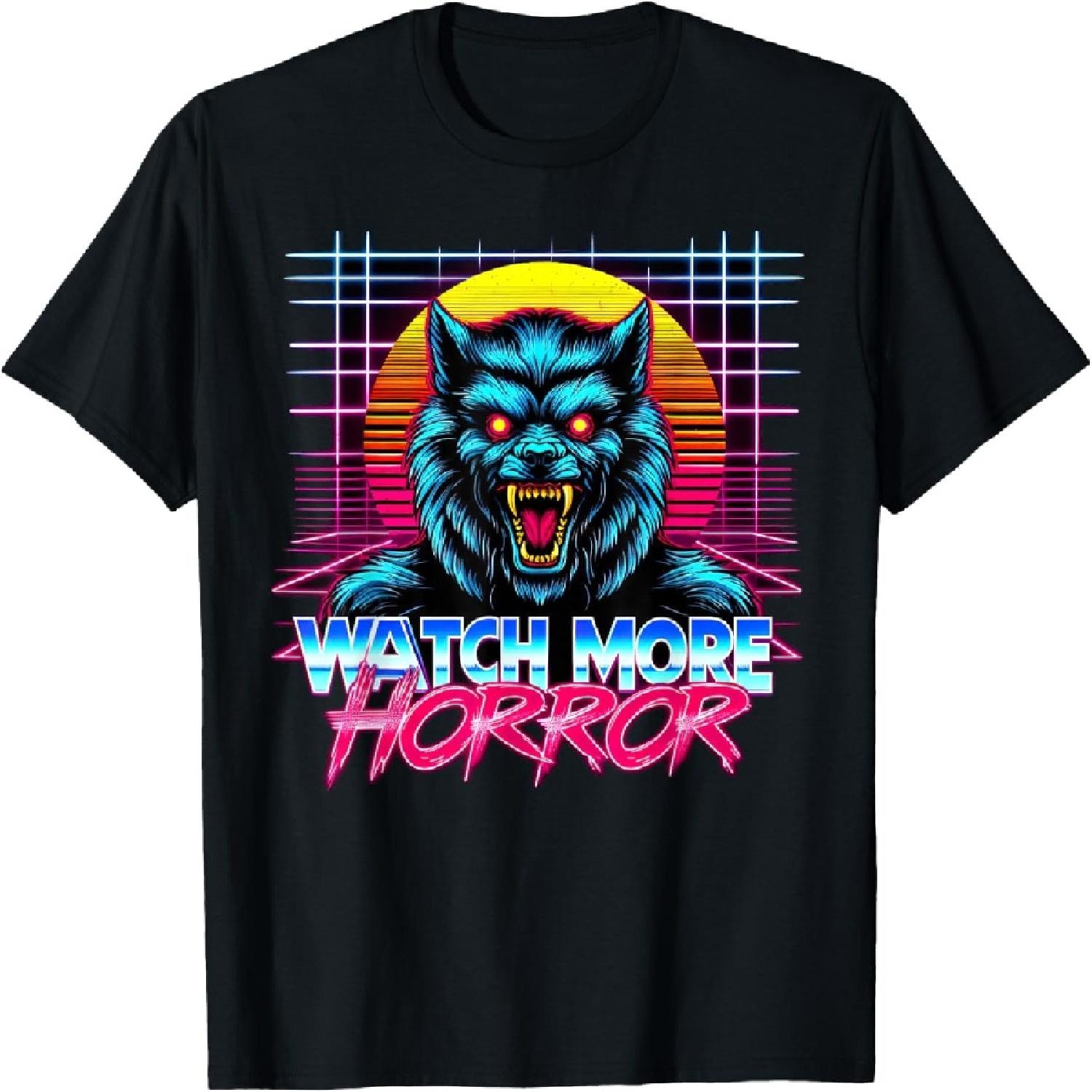 Watch More Horror Retro 80s Synthwave Style Werewolf Graphic T-Shirt S