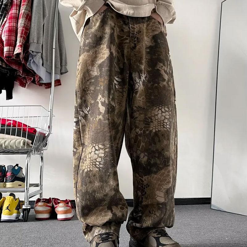 

Men s Snake Skin Print High Waist Wide Leg Loose Streetwear Cargo Pants M жёлтый