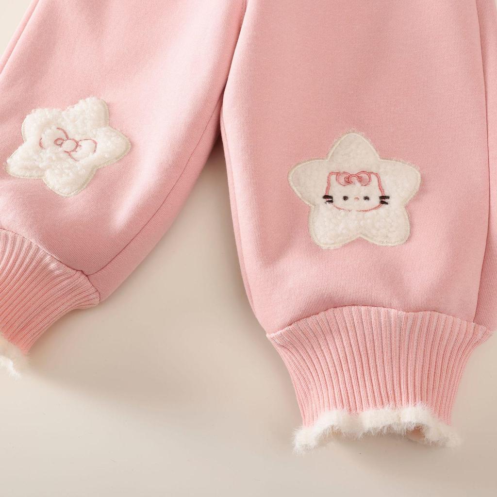 Girls' Winter Velvet-Lined Trousers – Thick, Cuffed, Cartoon Design, Warm Sweatpants for Autumn/Winter.