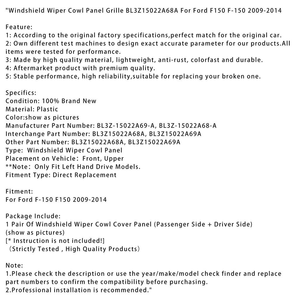 Windshield Wiper Cowl Panel Grille BL3Z15022A68A For Ford F150 F-150 2009-2014
