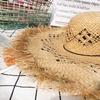 New Summer Straw Hat Hollow Ladies Beach Sun Hat Womens Large Brim Leisure Solid Color Fur Edge Raffia Straw Hat