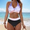 Ladies' Detachable Chest Cushion High Waist Hanging Neck, Printed Color Blocked Split Swimsuit High Waisted Bikini Two-Piece Set