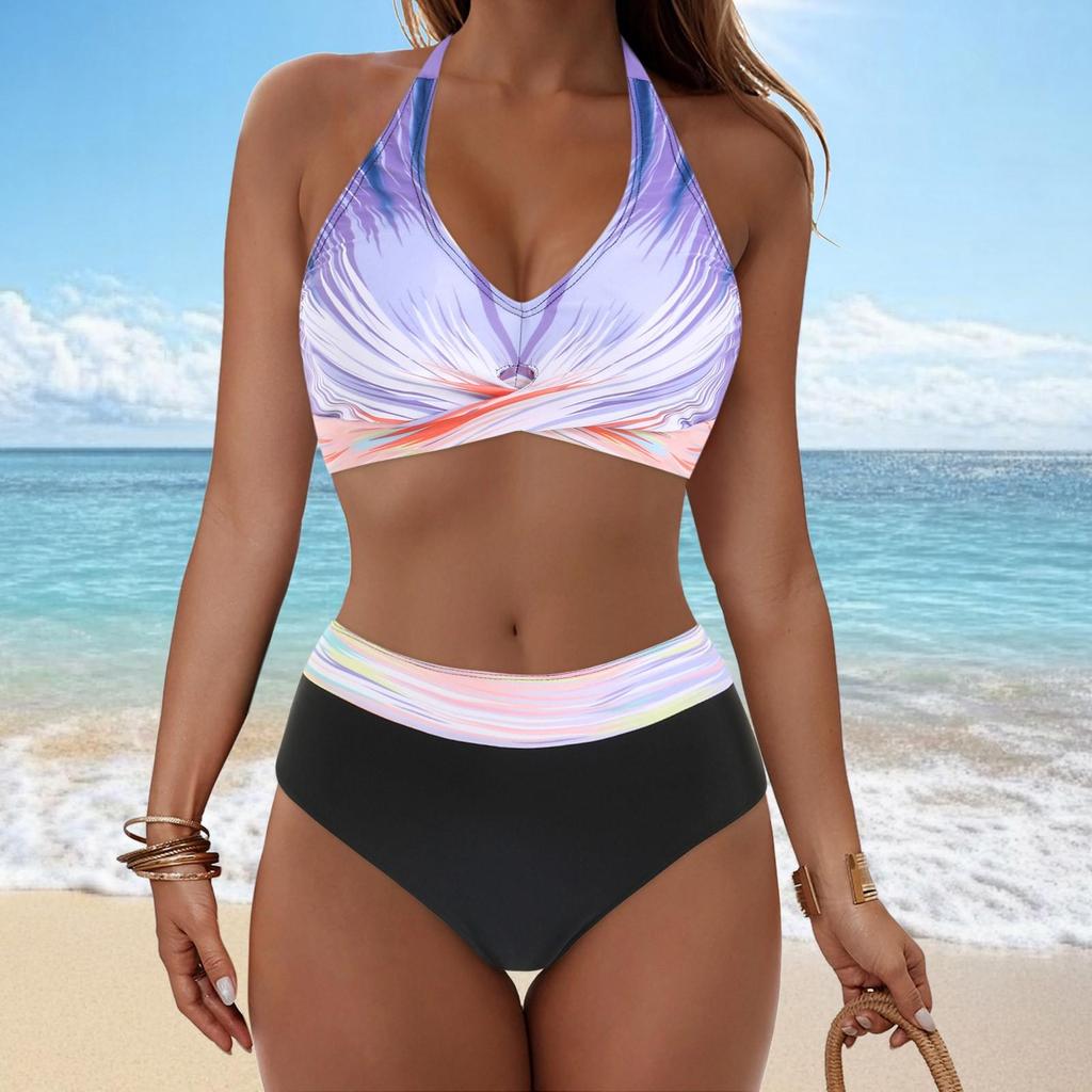 Ladies' Detachable Chest Cushion High Waist Hanging Neck, Printed Color Blocked Split Swimsuit High Waisted Bikini Two-Piece Set