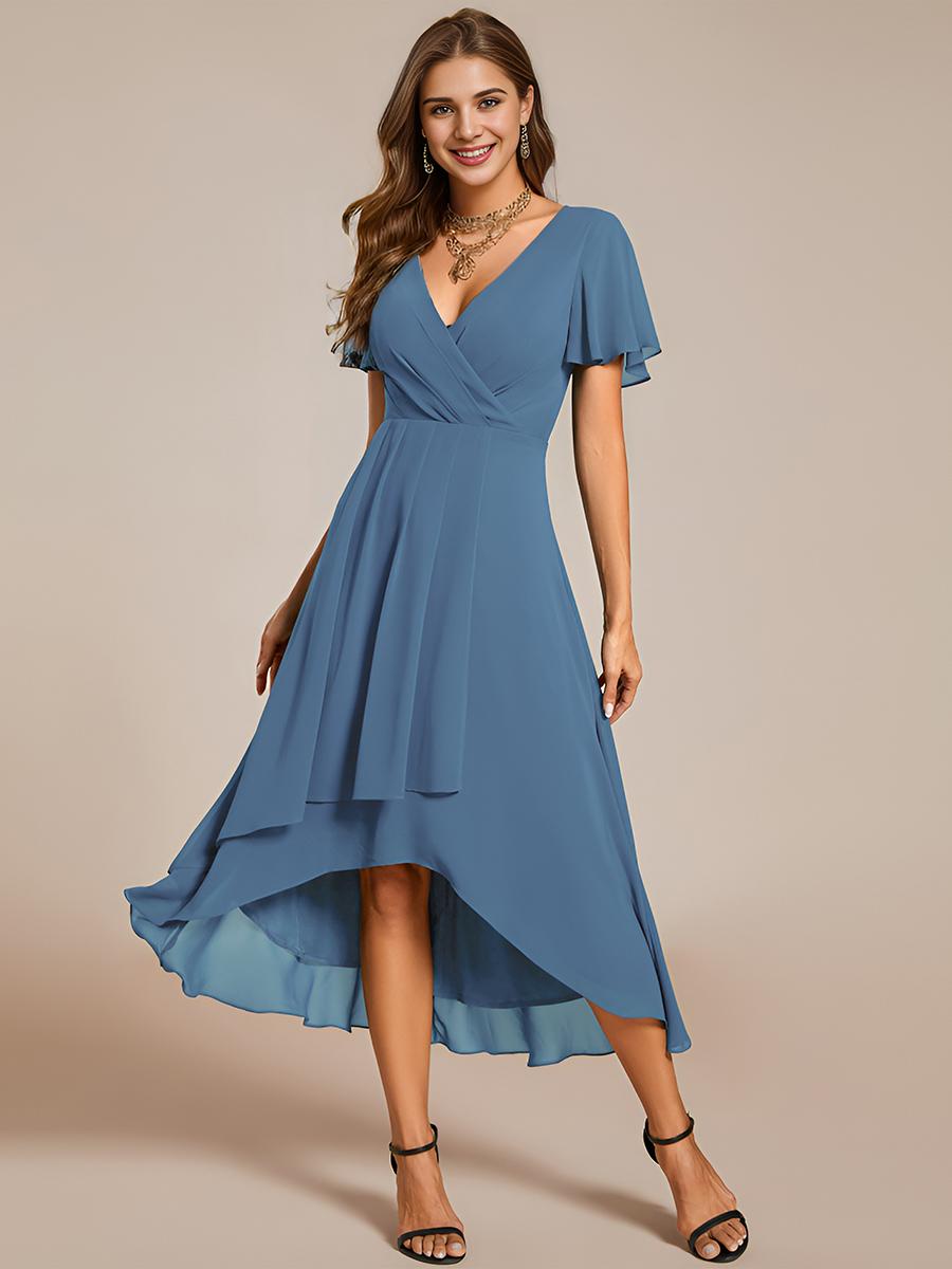 

Всегда красивое женское миди-шифоновое платье миди с v-образным вырезом и высоким низким подолом, свадебное платье для гостей с оборками на рукавах S военно-воздушные силы синий