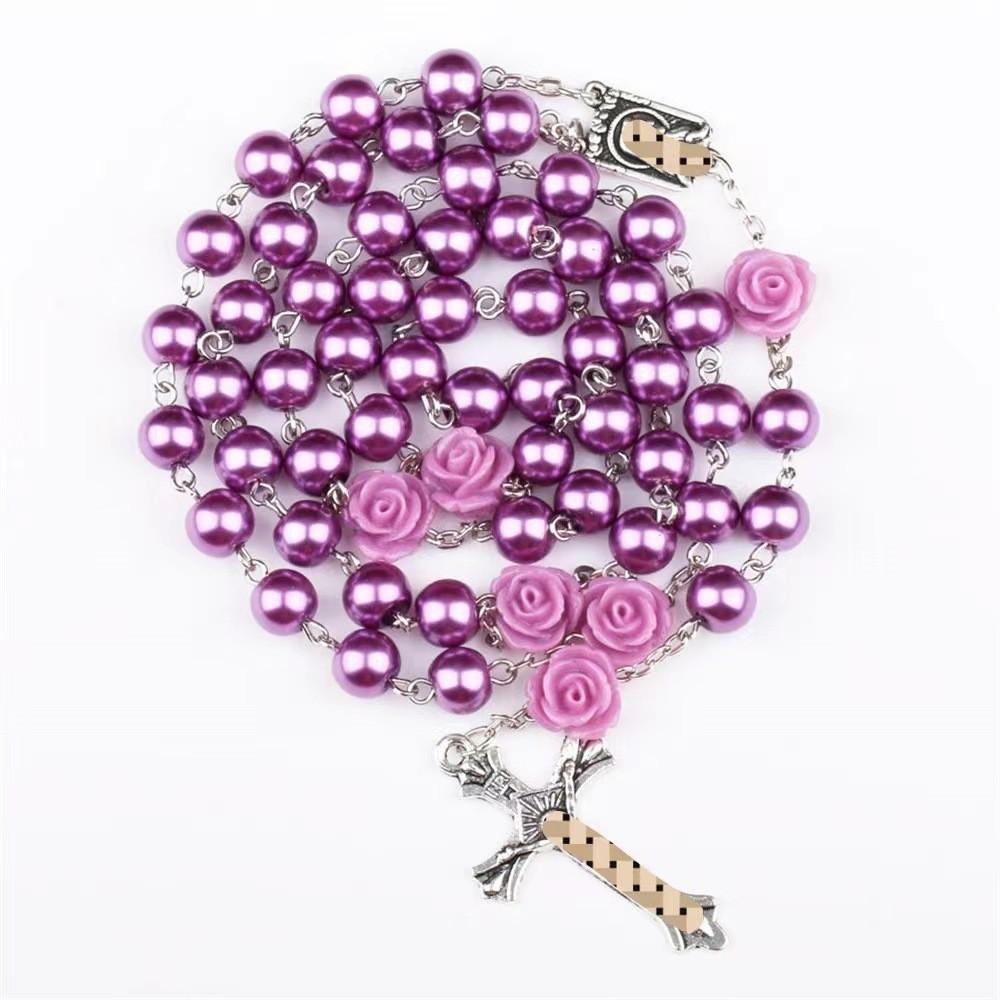 Roses Women Round Bead Necklace Cross Pendant Alloy Material Valentine Gift Day