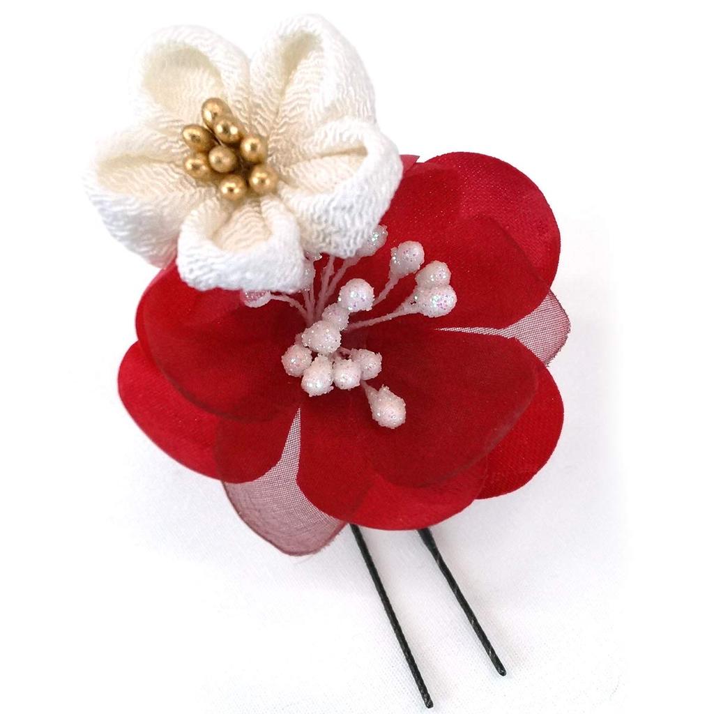 Hair Ornament Set Furisode Ceremony White Red Tsumami Crafts Crepe [Kyoto Usagido] 2-piece Coming-of-age Kk-094