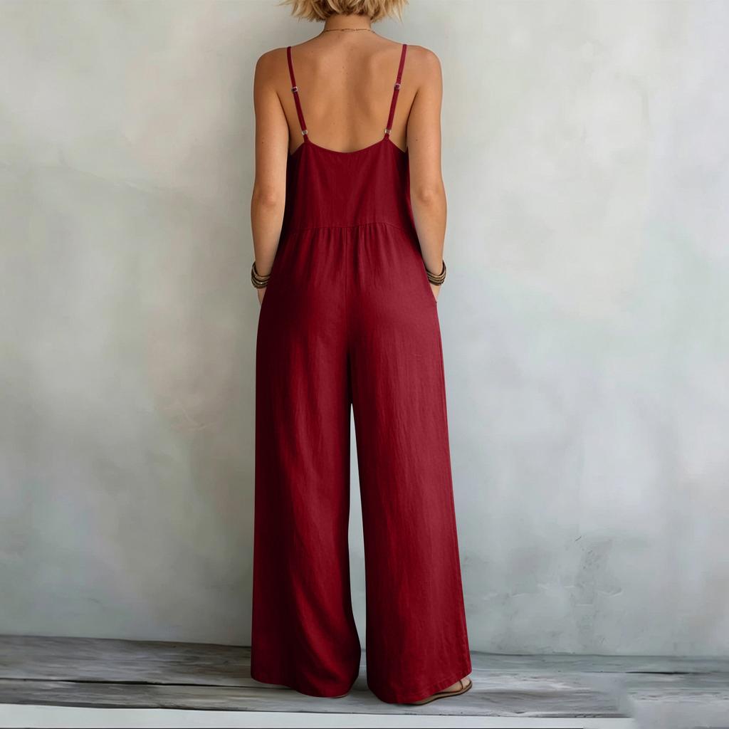 Damen Ärmelloser V-Ausschnitt Weiter Bein Lockerer Jumpsuit Lässiger Sommer-Strampler mit Taschen Leichtes Bequemes Design