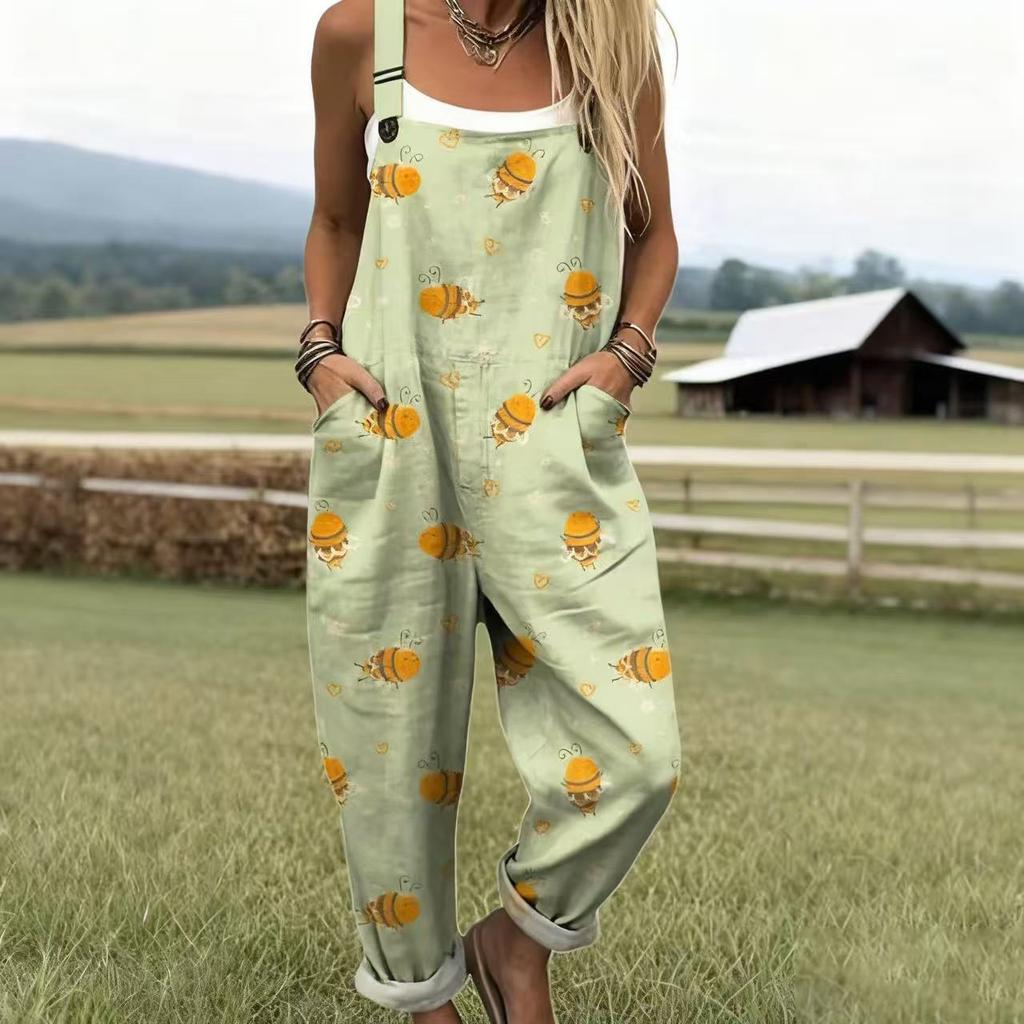 Women's Sleeveless Mid Rise 3D Digital Print Loose Casual Overalls Jumpsuit For Summer