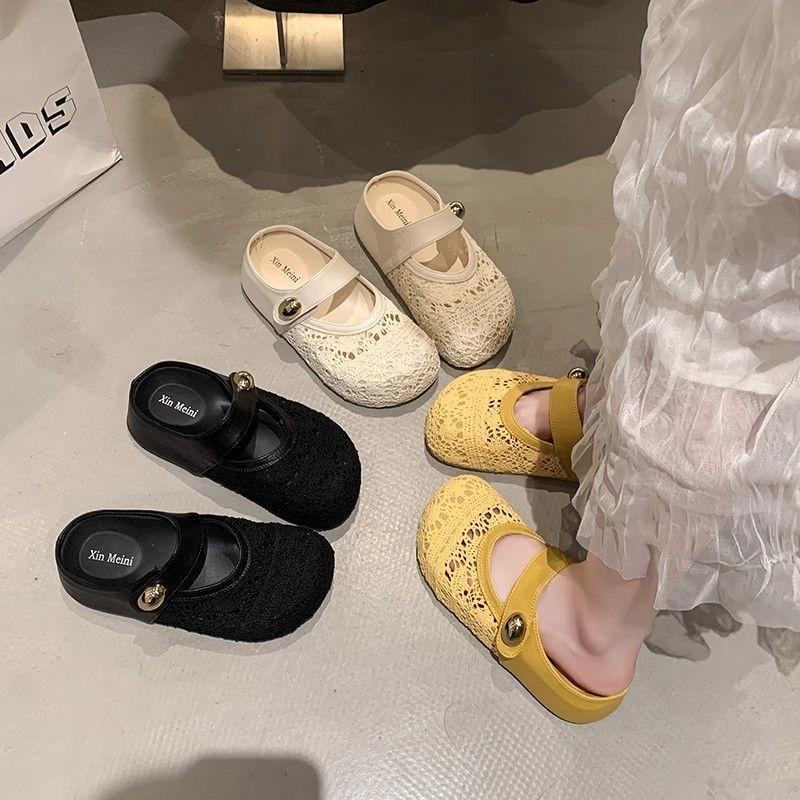 Inner heightening platform princess lace shoes women's 2025 autumn new slippers flat-bottomed sports and leisure mesh breathable semi-drag
