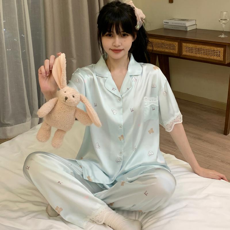 Light Luxury Summer Popular Ice Silk Thin Short-Sleeved Trousers Floral High-End Loungewear Set