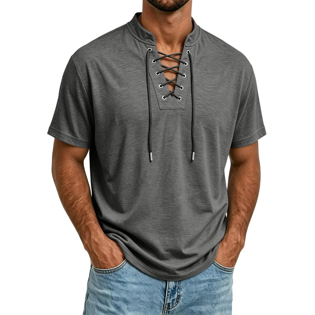 T-shirt décontracté à manches courtes pour homme Tissu léger et respirant Col à cordon de serrage Haut d'été