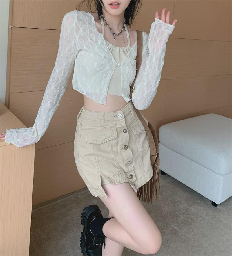 

Женский сетчатый кардиган в американском стиле Sweet & Spicy — облегающий, короткий, с длинными рукавами, летний топ One Size