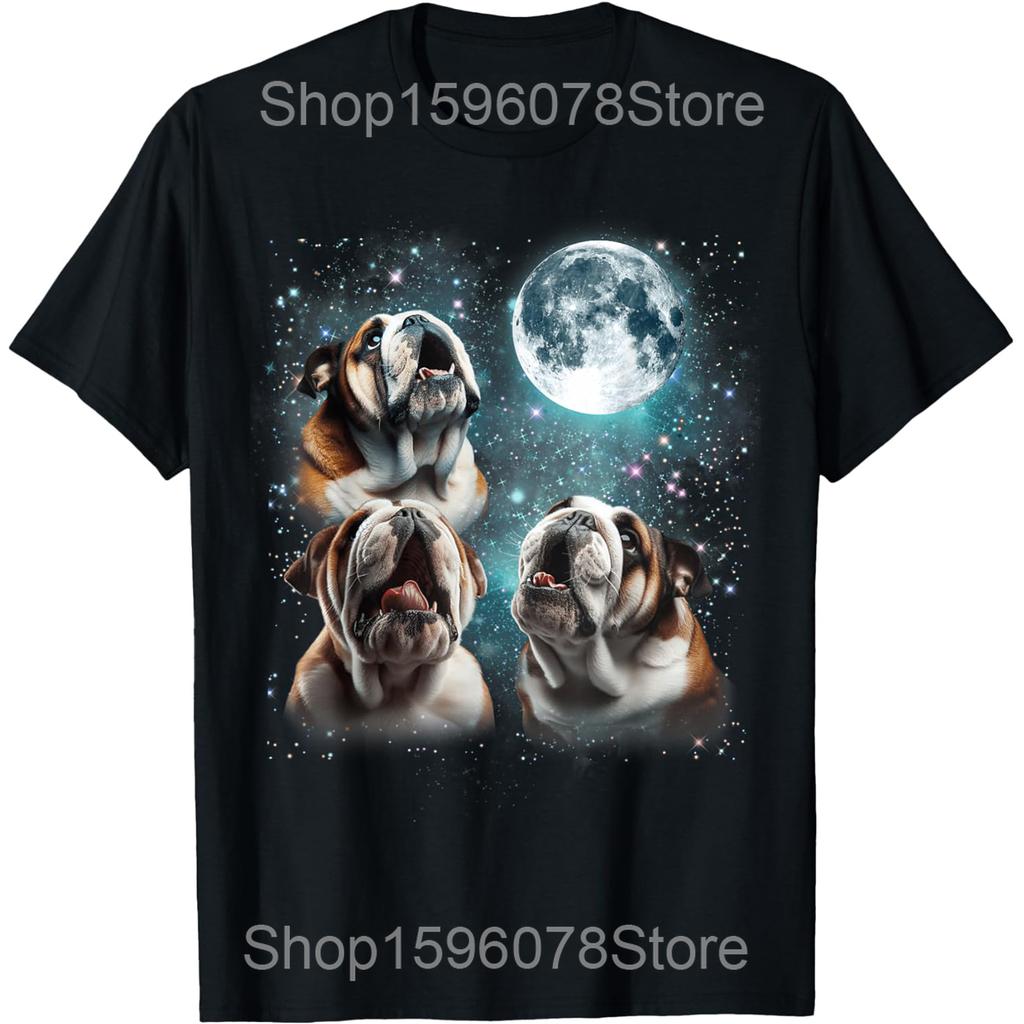 English Bulldog Moon Howling T Shirts Men Women Pure Cotton Humor Streetwear Tee Shirt Short Sleeve Unisex Loose Clothing