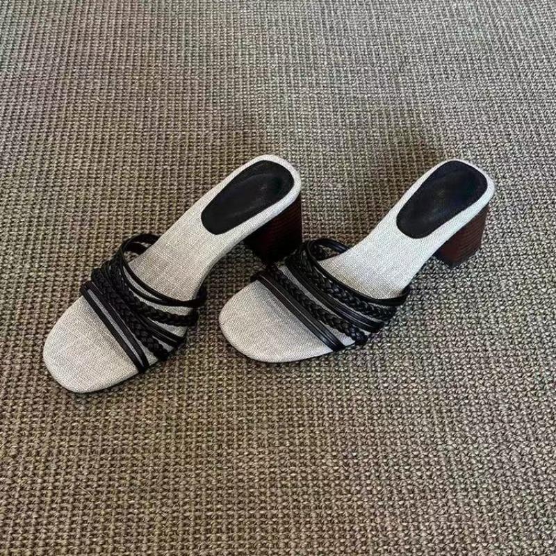 Módní Nové Venkovní Koťátkové Podpatky Moderní Pantofle Ženy Retro Pletené Jednopáskové Pantofle Ženy Ležérní Peep Toe Plážové Šaty Pantofle Ženy