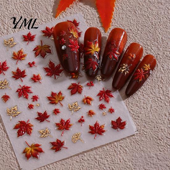 Autumn Nail Decals Maple Leaf Stickers, Self-Adhesive Fall Leaves Decals, Embossed Stickers Women Manicure for Home and Salon Use Easy Application