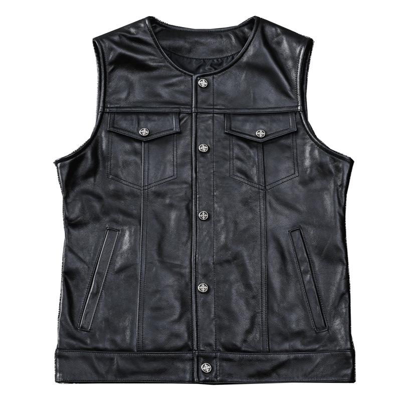 

Мотоциклетный жилет Harley s Chaotic Son с кожаной спинкой и сердечком из воловьей кожи, тонкая мягкая кожа, круглый вырез, короткий и облегающий крой S чёрный