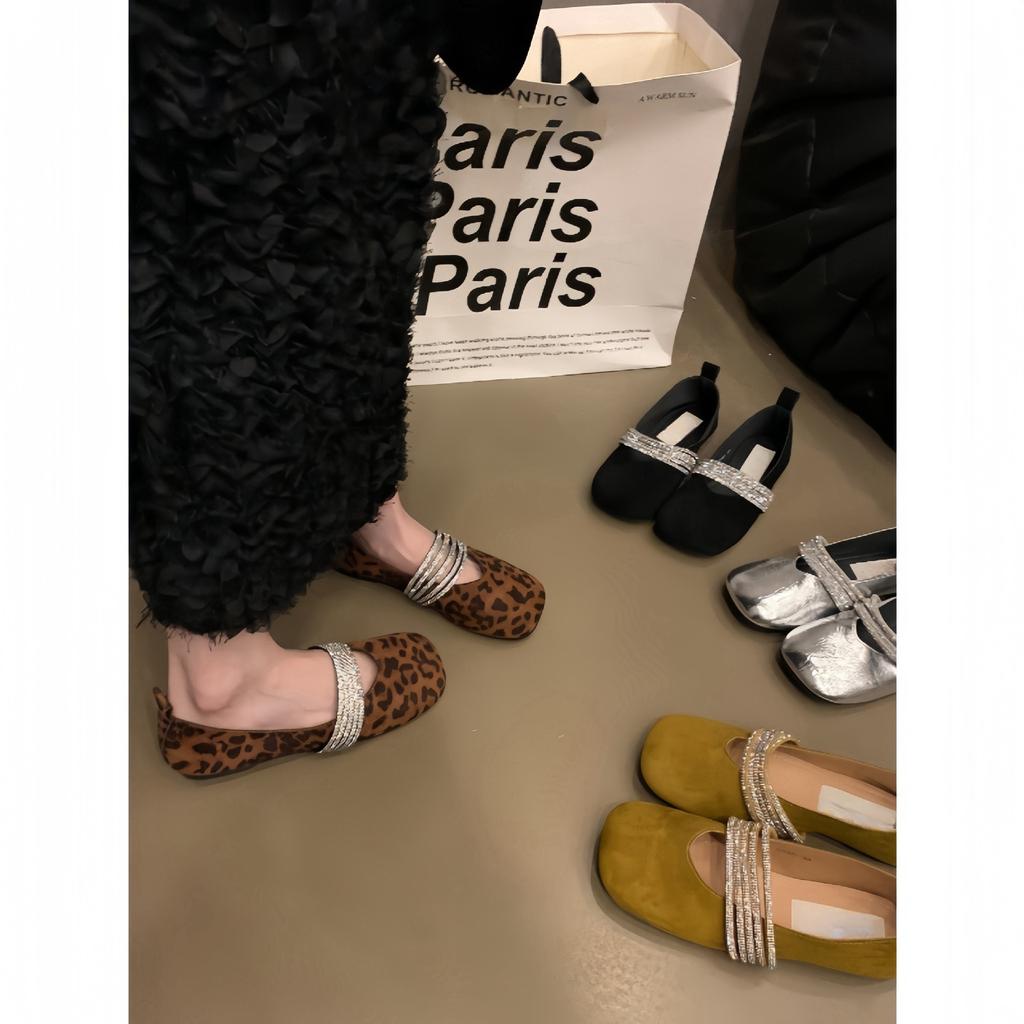Rhinestone with Ballet Mary Jane Shoes 2025 New Spring and Autumn Square Head Shallow Mouth Versatile Flat Bottom French Gentle Single Shoes