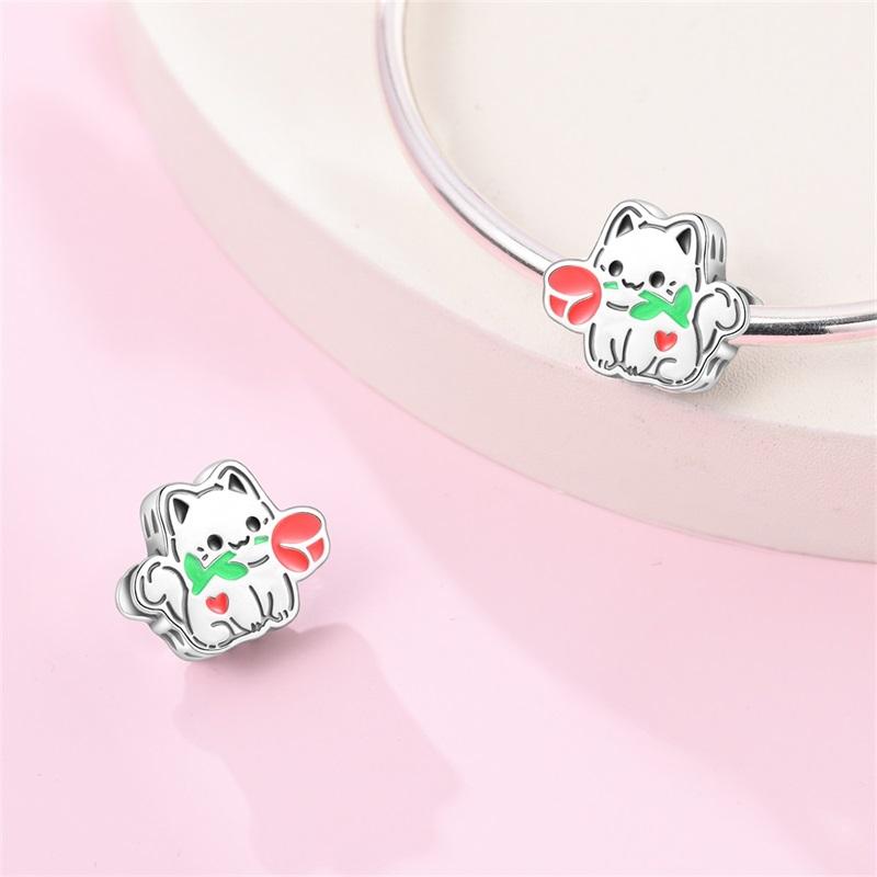 Cute Pet Series Hand Drawn Style Kitten Charm Eat Fruit Bead Fit Diy Copper Bracelet Necklace Women Anniversary Jewelry Gift