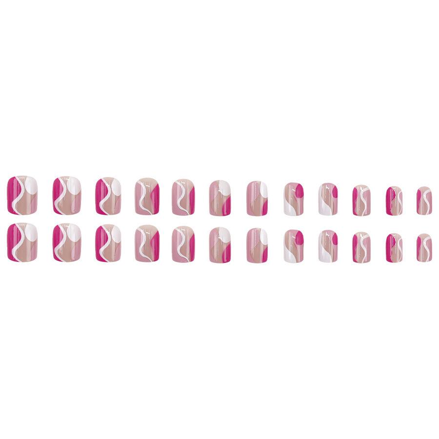 European & American Short Wave Nail Art: Pink, White, Rose Red with Irregular Curves - Versatile Wearable Tips