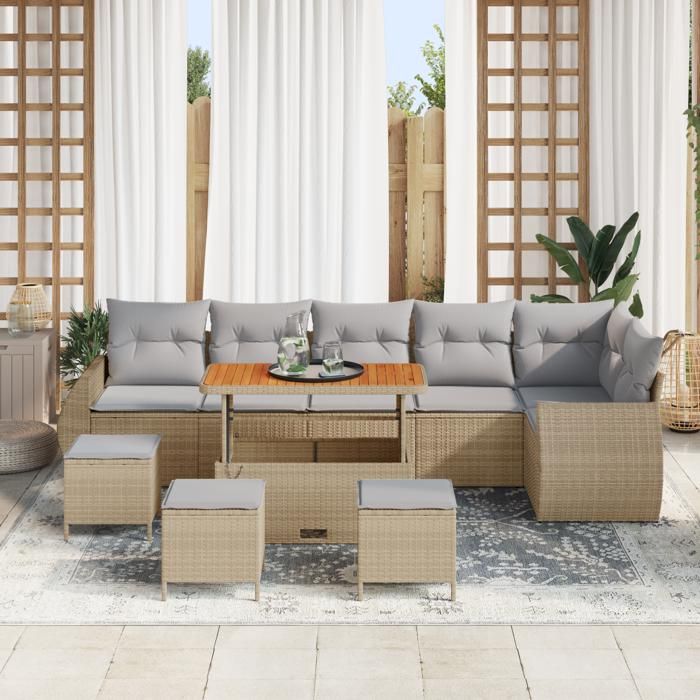 Ensemble de Canapés de Jardin 10 Pièces avec Coussins Beige Poly Rattan Acacia, Ensemble de Salle à Manger Jardin 4 Pièces 3361902