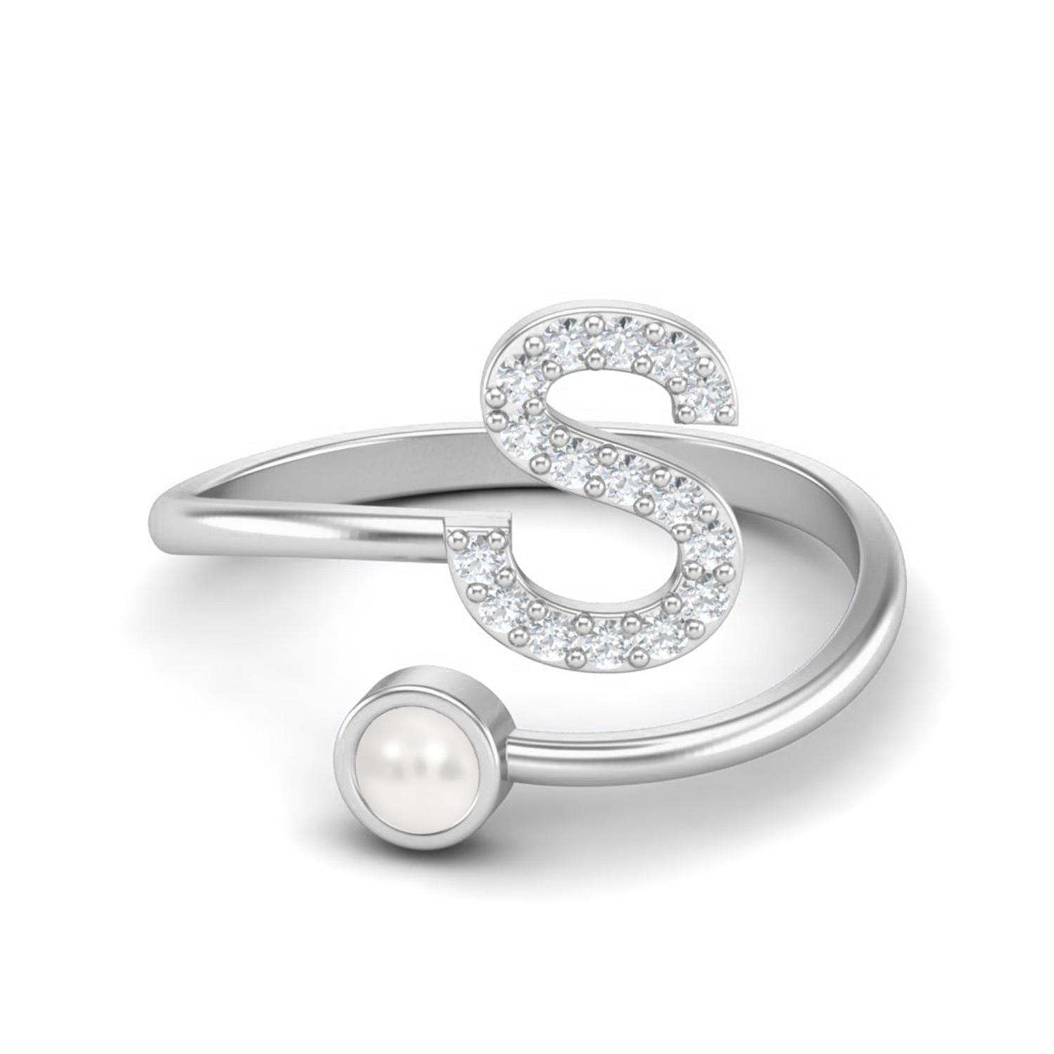 Capital S Initial Letter Pearl Women Adjustable Front Open Ring 925 Sterling Silver 6 белый