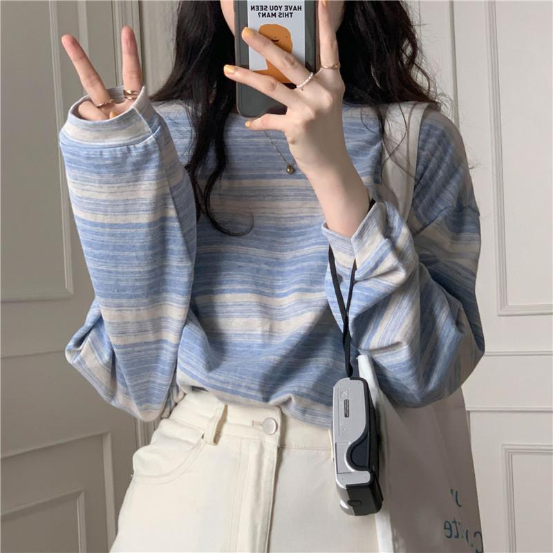 College Style Autumn Striped Long-sleeved T-shirt Spring Women's Korean Round Neck Loose Top Bottoming Shirt
