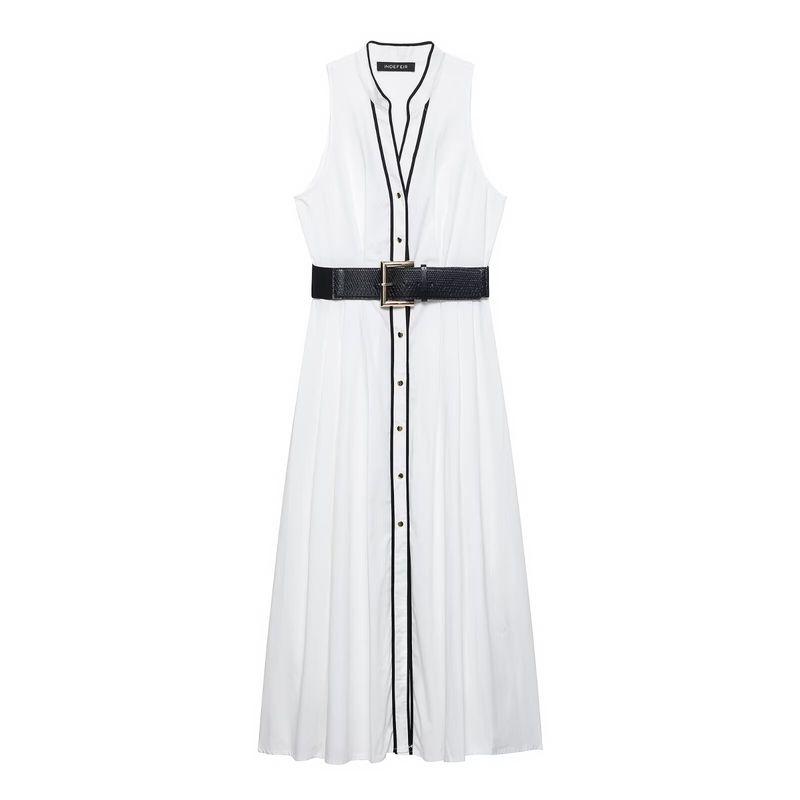 

Kaslead New Women clothes Western Style Contrast Color Trim Poplin Midi Dress 0387081 712 White L