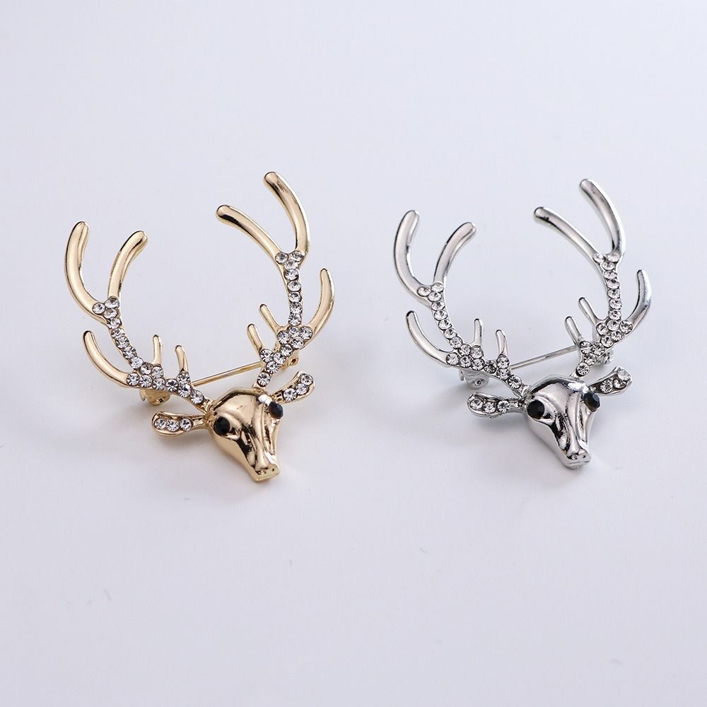 Rhinestone Christmas Badge Animal Deer Metal Brooch Unique Elk Head Brooch  Boys