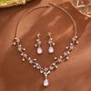 Elegant Pink Floral Rhinestone Jewelry Set for Women Gold Tone Teardrop Pendant Necklace Drop Earrings Bridal Prom Accessories