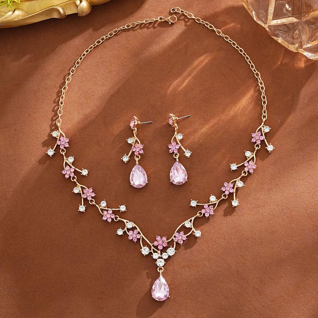 Elegant Pink Floral Rhinestone Jewelry Set for Women Gold Tone Teardrop Pendant Necklace Drop Earrings Bridal Prom Accessories