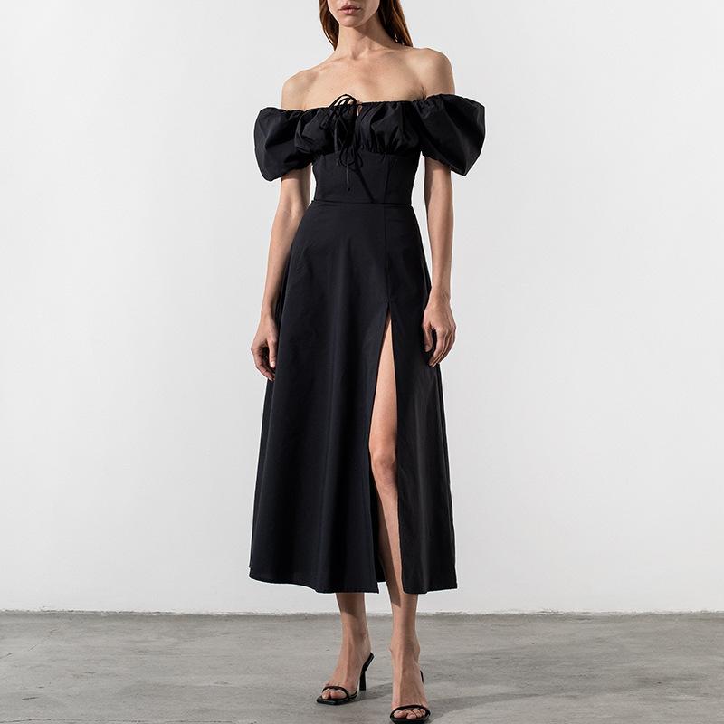 European and American summer French dress, women's bubble sleeve solid color high split skirt