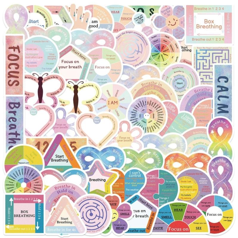 Calming Sensory Stickers, 50 Pack Paper Set, Breathing Prompt Designs for Kids Students Classroom Reward Journal Decoration and Notebook