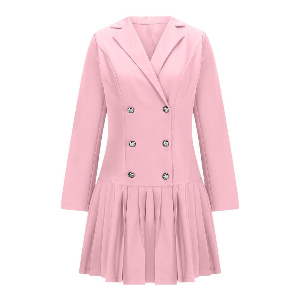 Women's Fashion Long Sleeve Colour Button V-Neck Slim Pleated Career Dresses