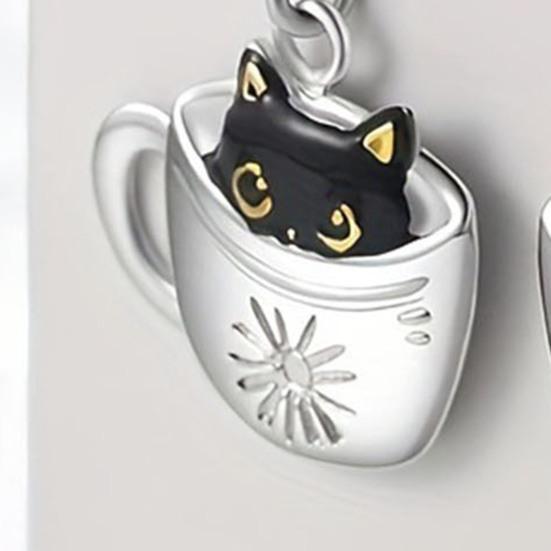 Halskette mit Haken und Ohrringen für Damen, schwarze Katze in Becherform, verstellbare Halskette, Geschenk zum Geburtstag und Jahrestag, Hals-Ohrschmuck aus Legierung für den Alltag und Partys