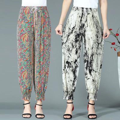 Sommer Damen Jogginghose aus Eisseide mit Blumenmuster, hohe elastische Taille, dehnbare Leggings, Tanzhose, Wanderhose