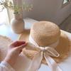 Versatile rough edge Lafite hat women's summer flat top hat top hat bow streamer beach sun hat