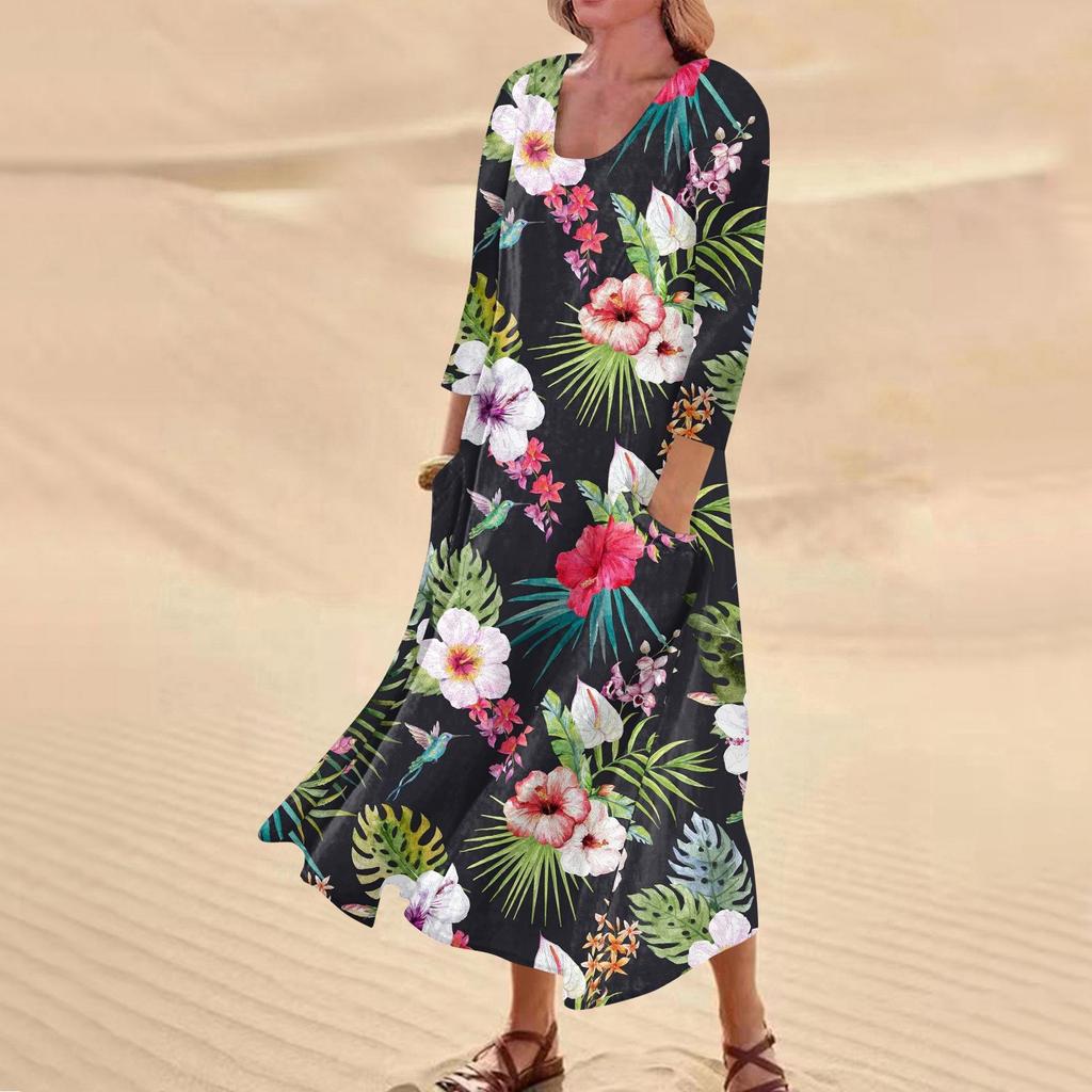Summer Dress For Women Casual Printed Comfortable Fashion Printed 3/4 Length Sleeve Pocket Dress