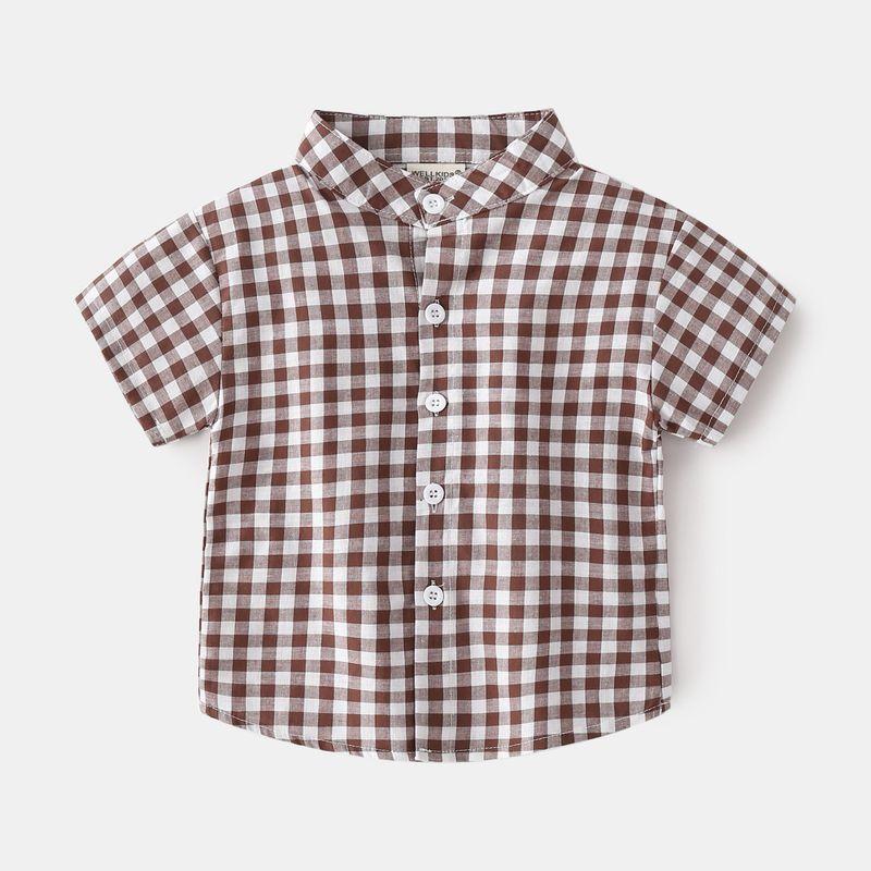 Summer Boys' Lapel Casual Short-Sleeved Top K-style Kids Fashion Small Gingham Baby Stand Collar Button Shirt